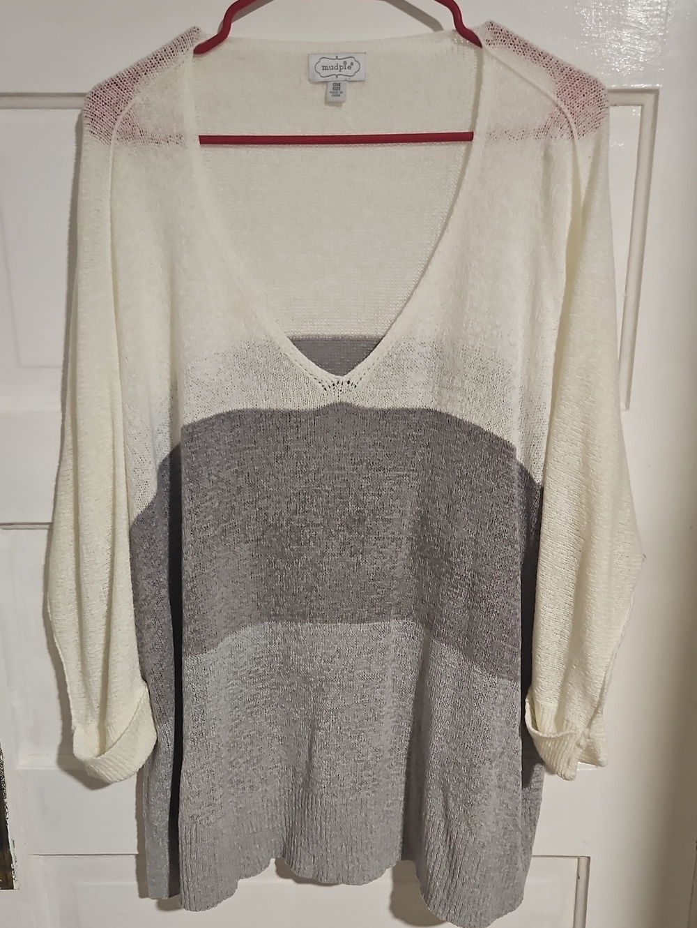 Mud Pie Cream and Gray V-Neck Colorblock Sweater